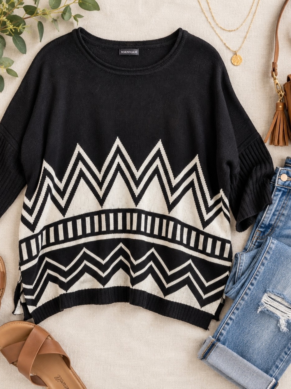 Hannah Black & Cream Geometric Crewneck Sweater